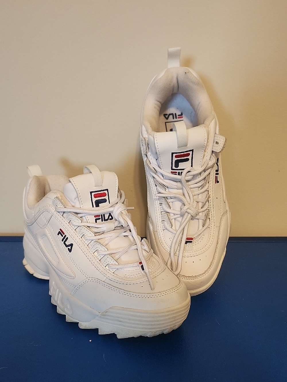 Fila White Platform Disruptor Sneakers with Red and Navy Logo